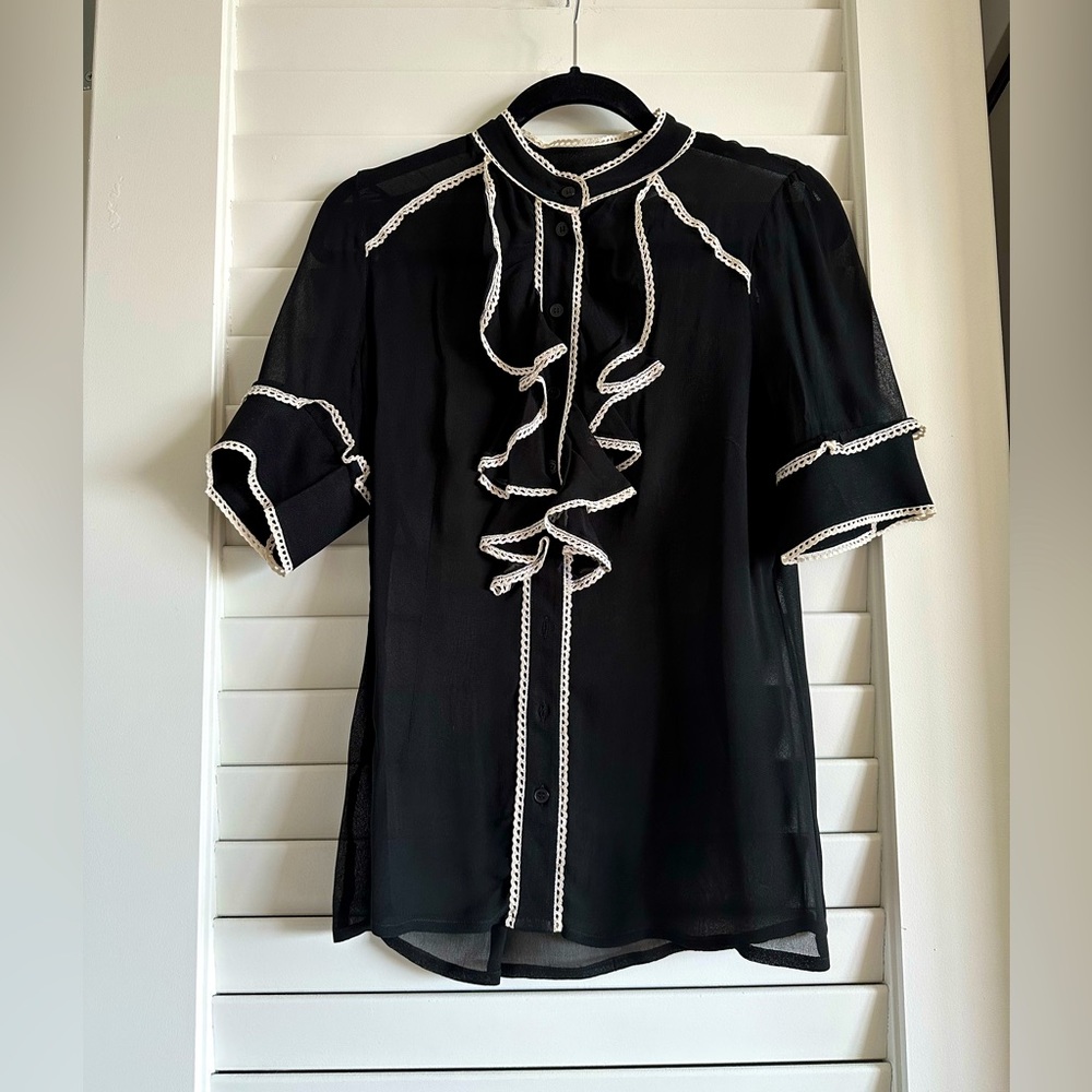 Sheer Black & Cream Ruffle Front Top